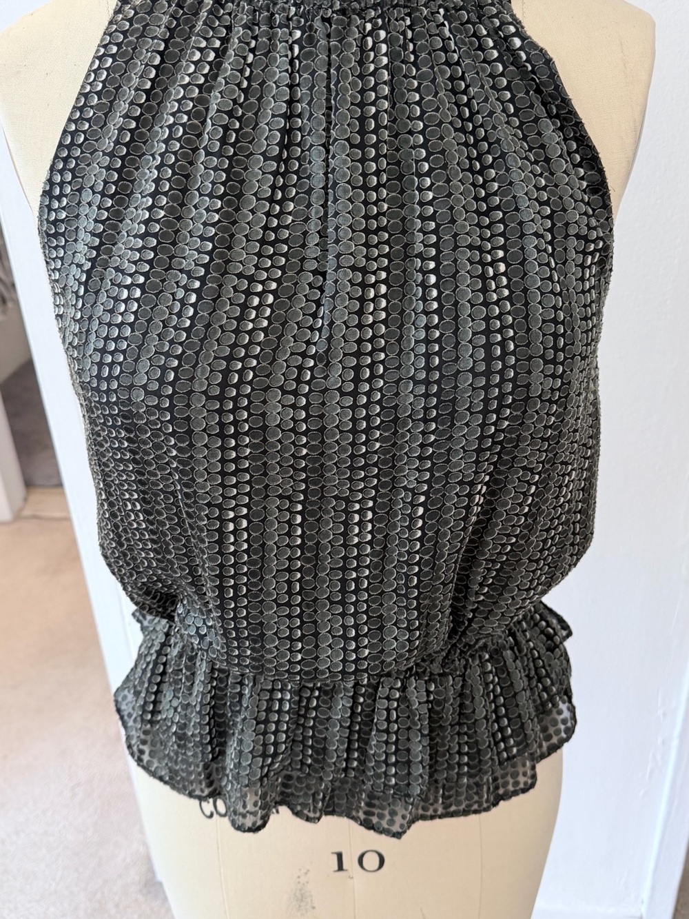 Ramy Brook Alana Metallic Halterneck Top Black Silver Smocked XS EUC